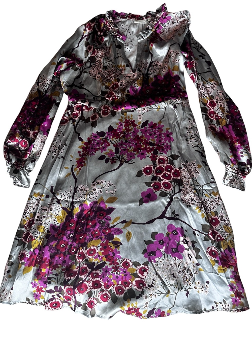Spartina 449 Silver Long-Sleeve Silk Dress with  Purple Floral Print